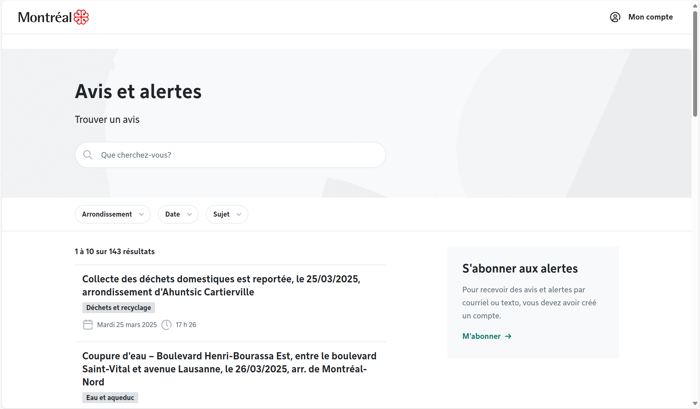 Capture du site d'avis et alertes de la ville de Montréal
